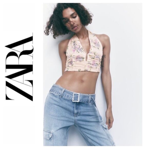 NWT Zara Floral Print Corset V-Neck Halter Neck Tie Crop Top in Pale Pink - Picture 1 of 16